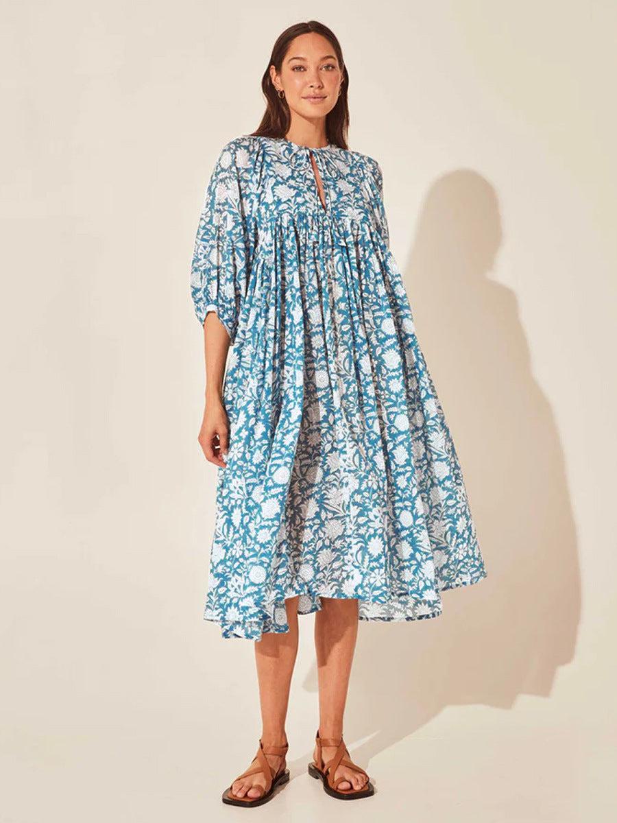 Floral Tie Neck Lantern Sleeve Dress BLUE ZONE PLANET