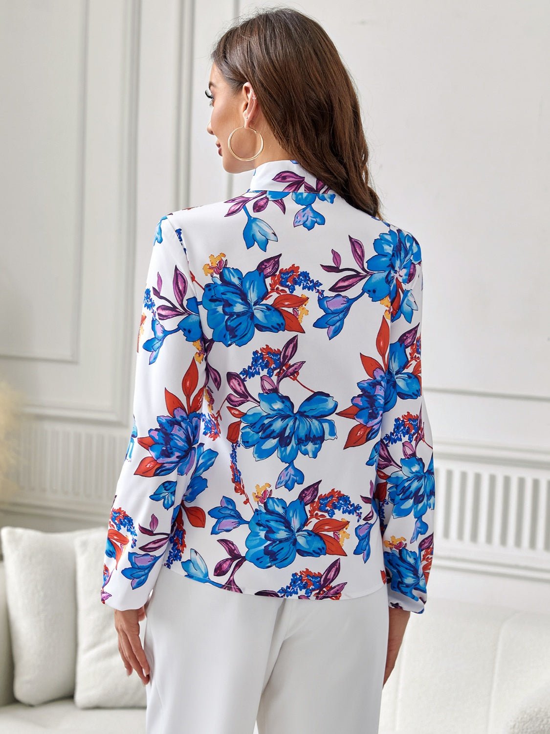 Floral Tie Neck Long Sleeve Blouse BLUE ZONE PLANET