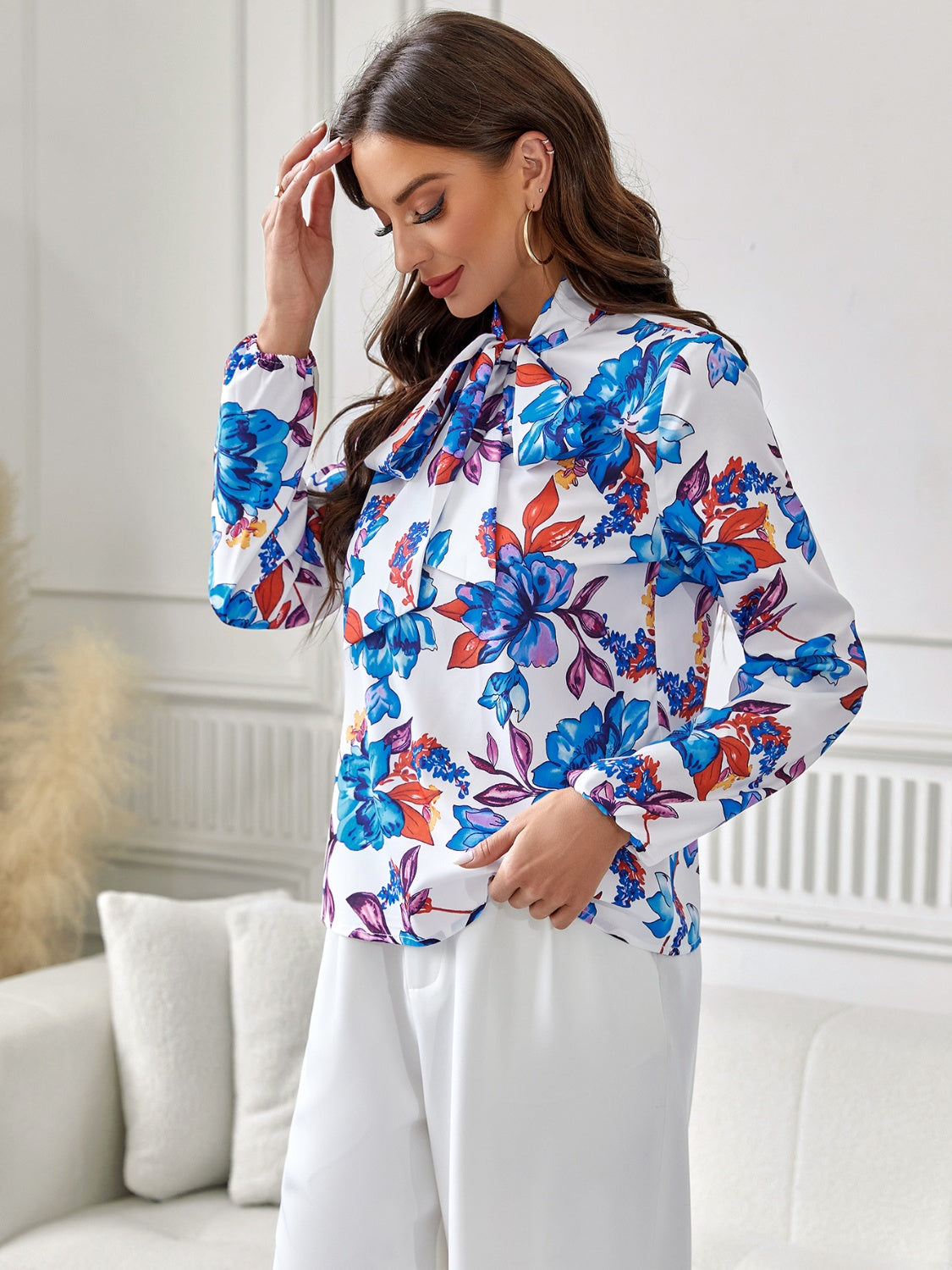 Floral Tie Neck Long Sleeve Blouse BLUE ZONE PLANET