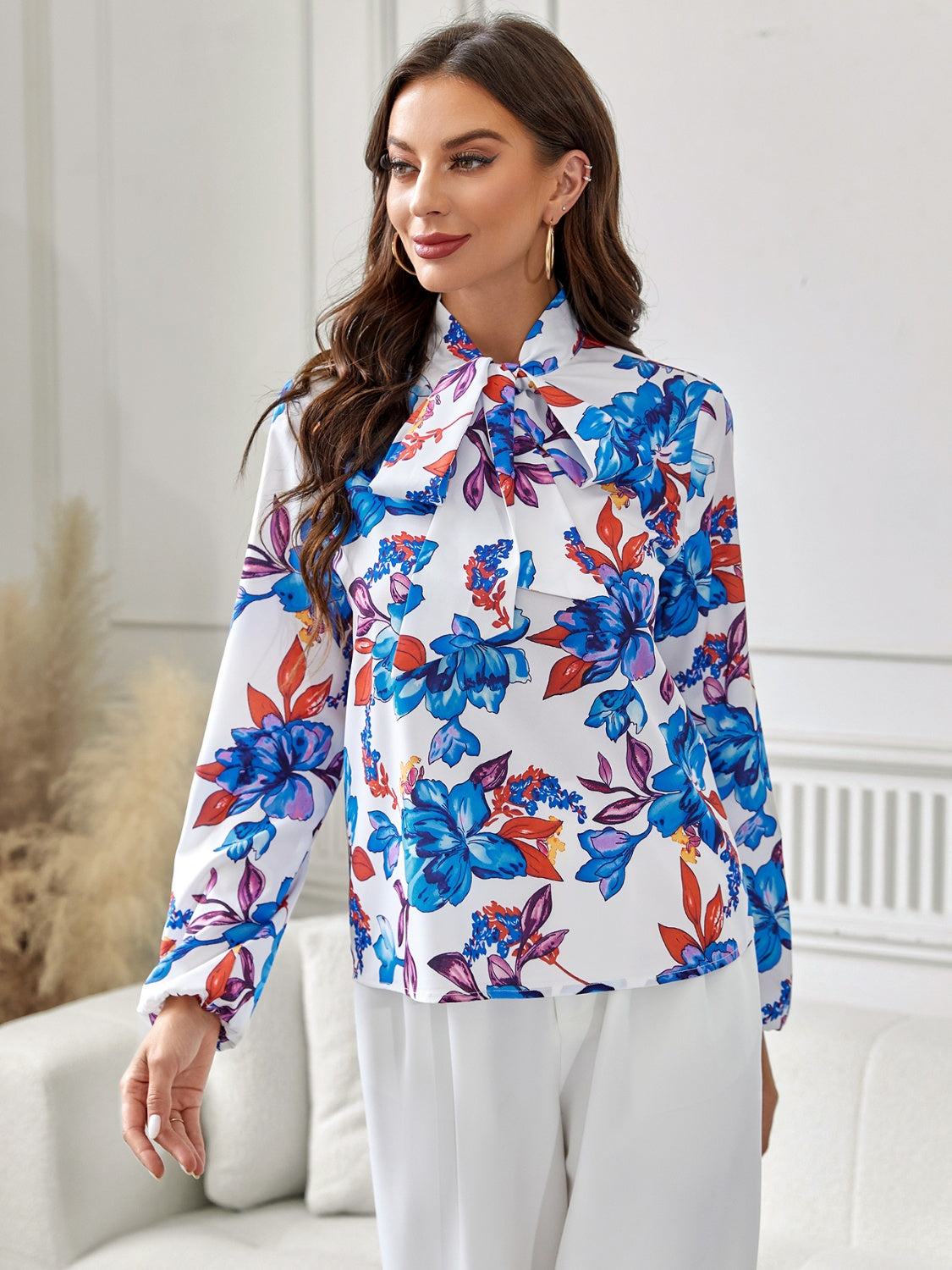 Floral Tie Neck Long Sleeve Blouse BLUE ZONE PLANET