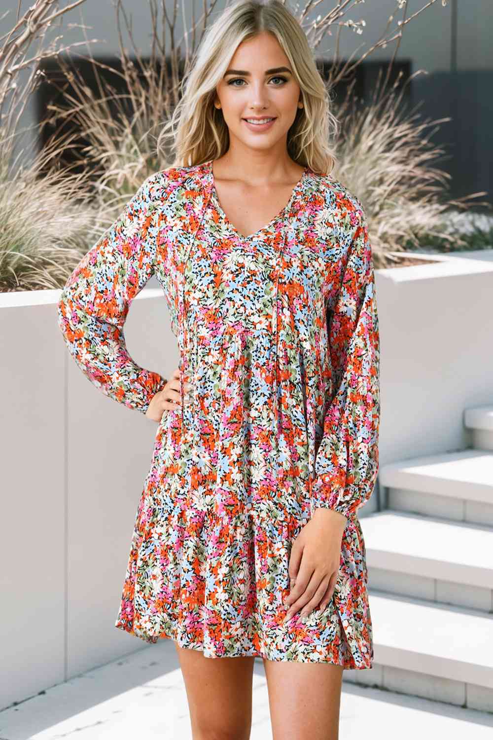 Floral Tie-Neck Long Sleeve Dress BLUE ZONE PLANET