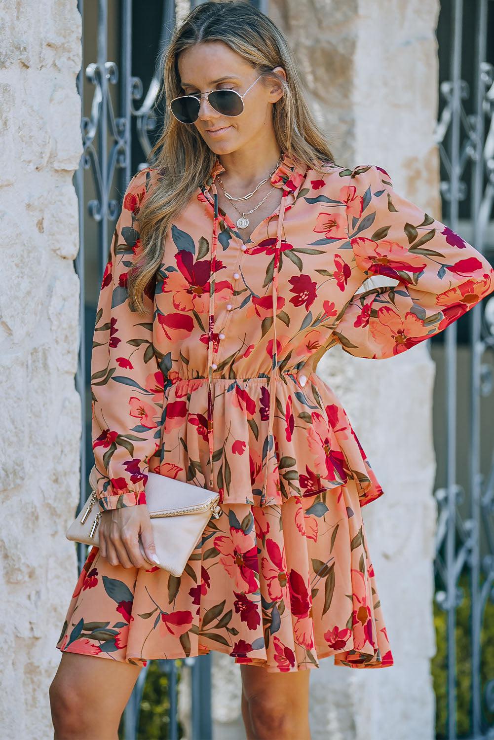 Floral Tie Neck Long Sleeve Layered Dress BLUE ZONE PLANET