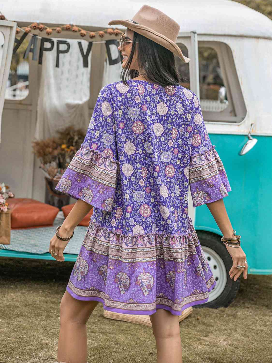 Floral Tie Neck Mini Dress BLUE ZONE PLANET