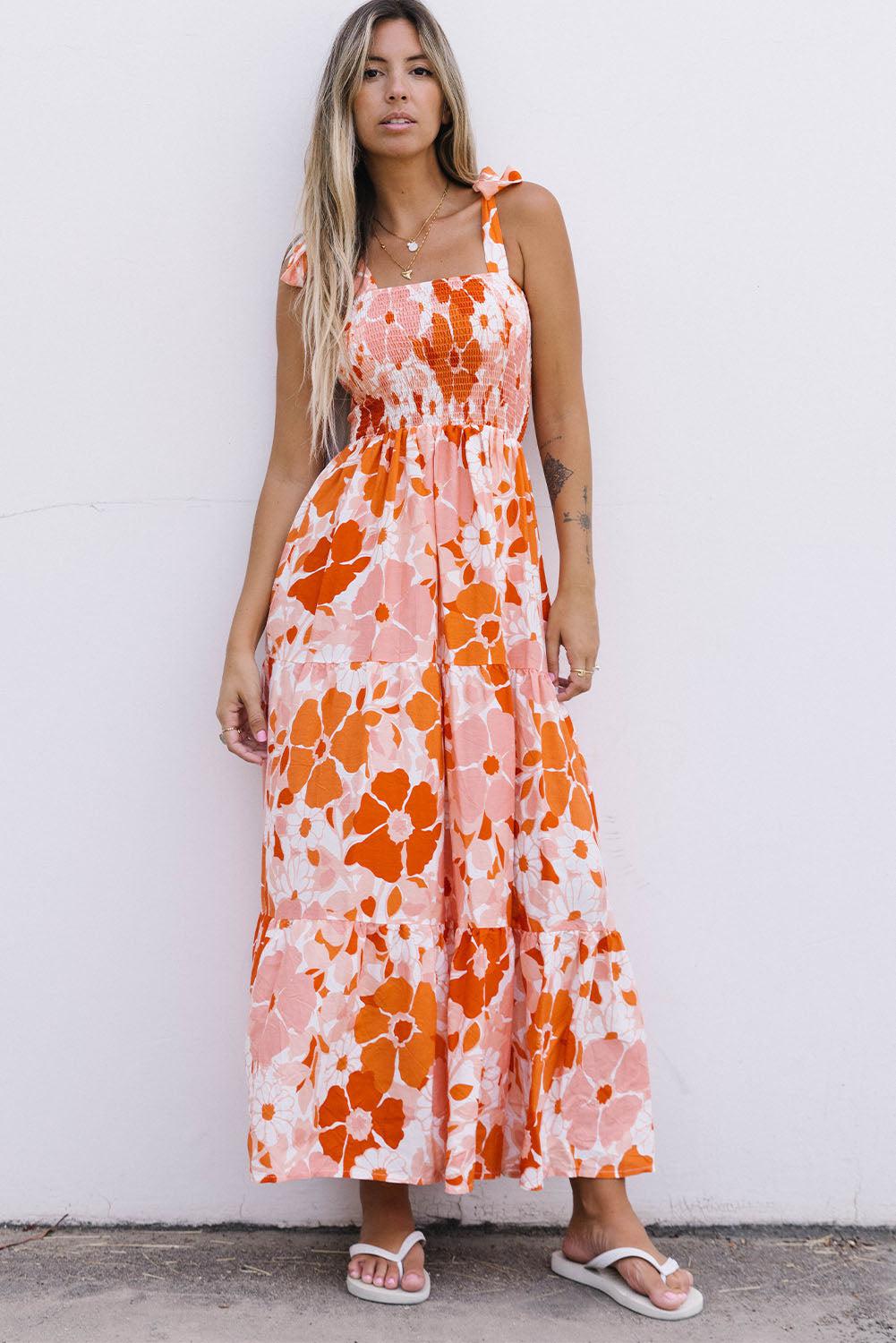 Floral Tie-Shoulder Smocked Maxi Dress BLUE ZONE PLANET