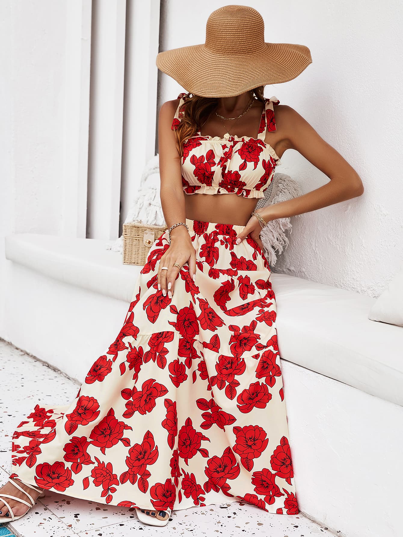 Floral Tie Shoulder Top and Tiered Maxi Skirt Set BLUE ZONE PLANET