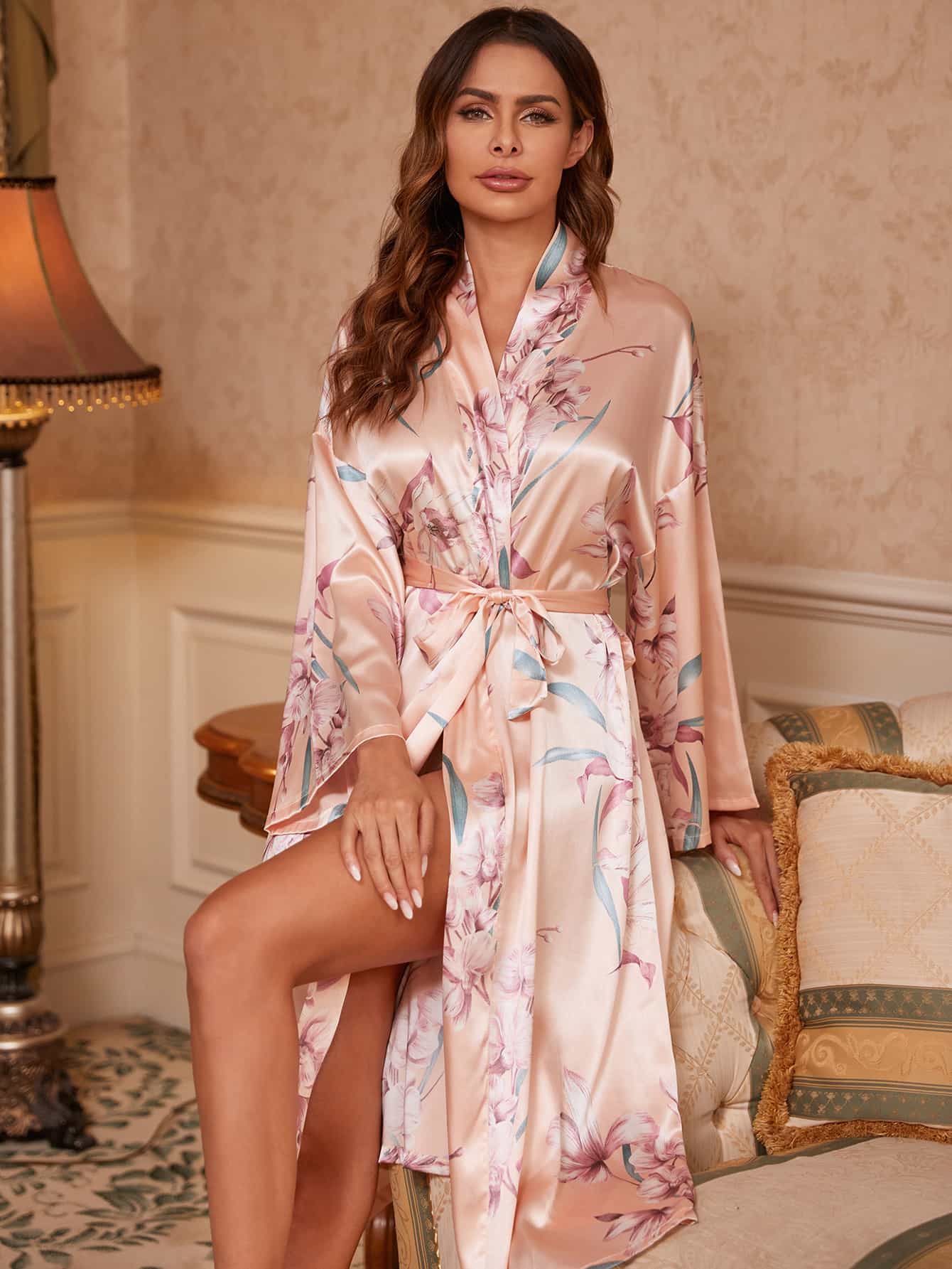Floral Tie Waist Long Sleeve Robe BLUE ZONE PLANET