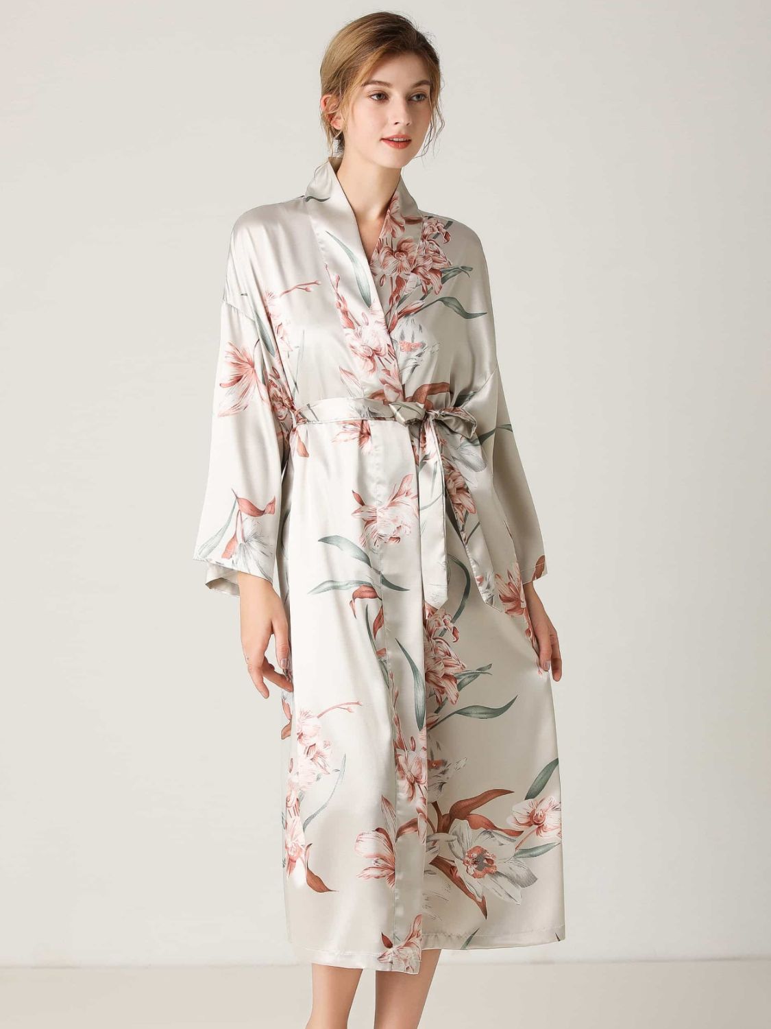 Floral Tie Waist Long Sleeve Robe BLUE ZONE PLANET