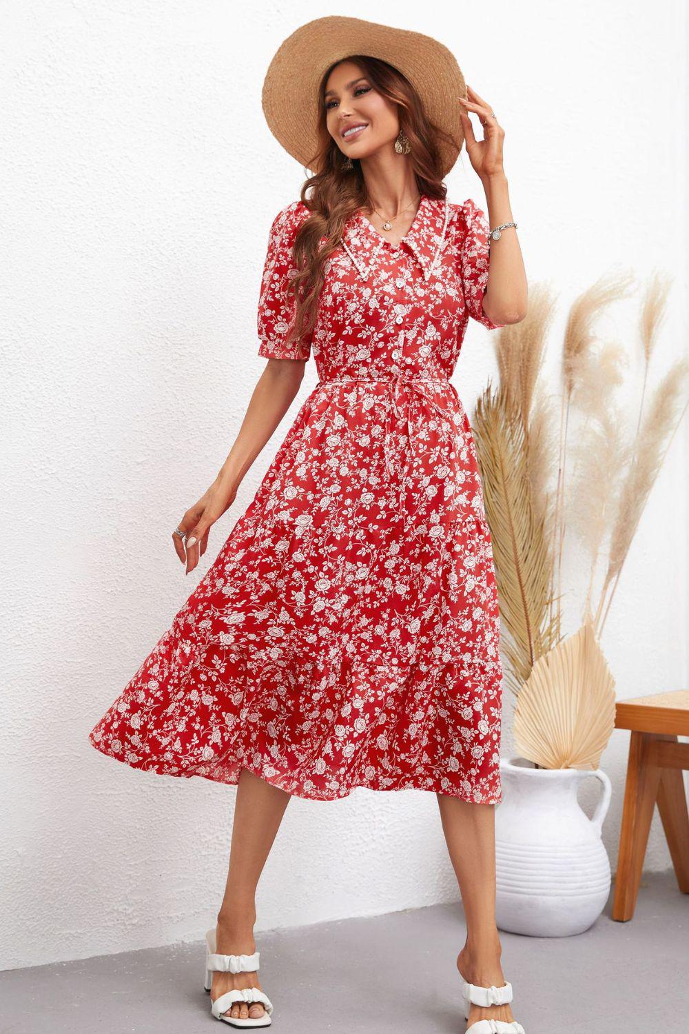 Floral Tie Waist Puff Sleeve Midi Dress BLUE ZONE PLANET