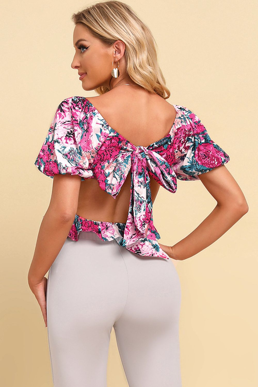 Floral Tied Cropped Peplum Blouse BLUE ZONE PLANET