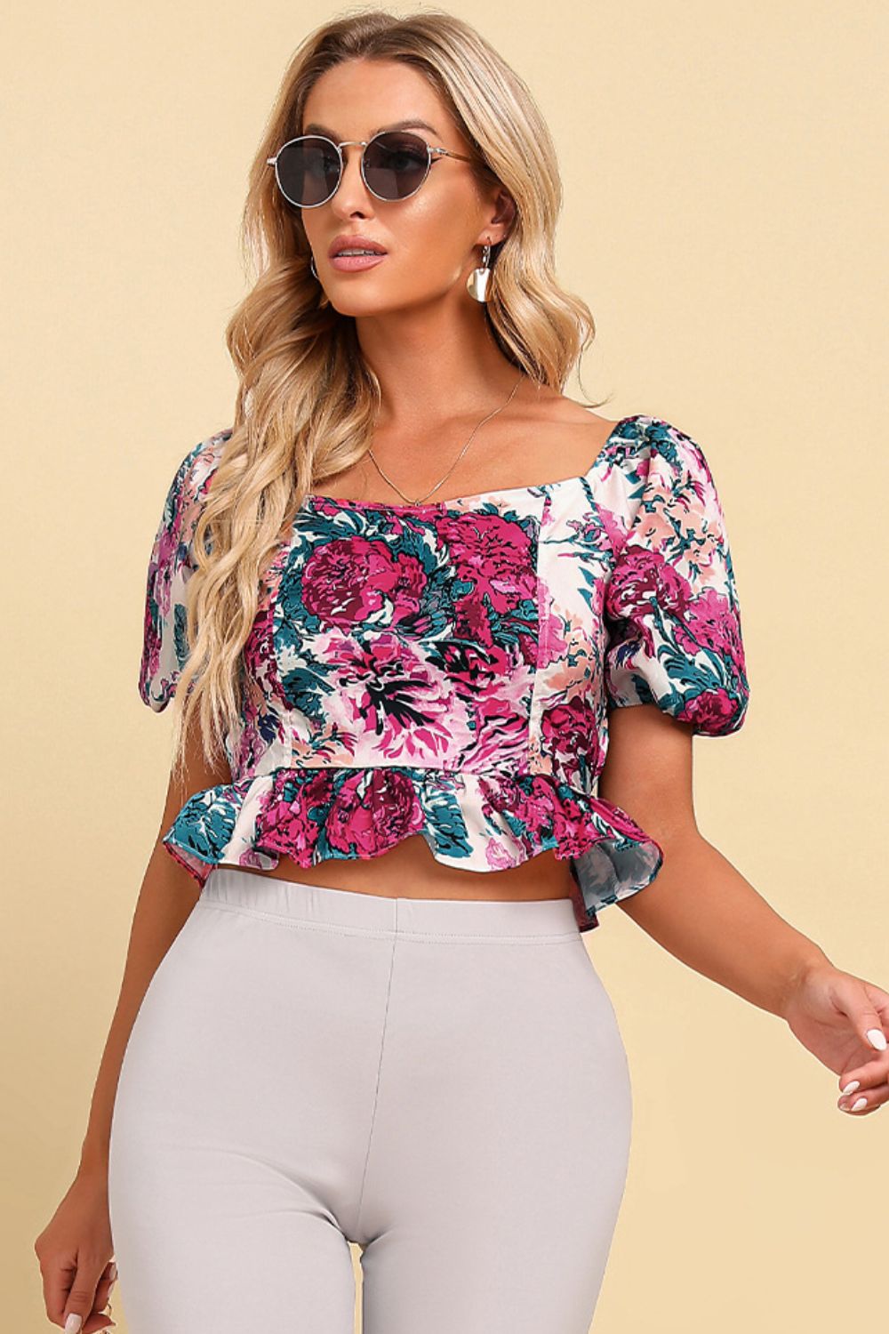 Floral Tied Cropped Peplum Blouse BLUE ZONE PLANET