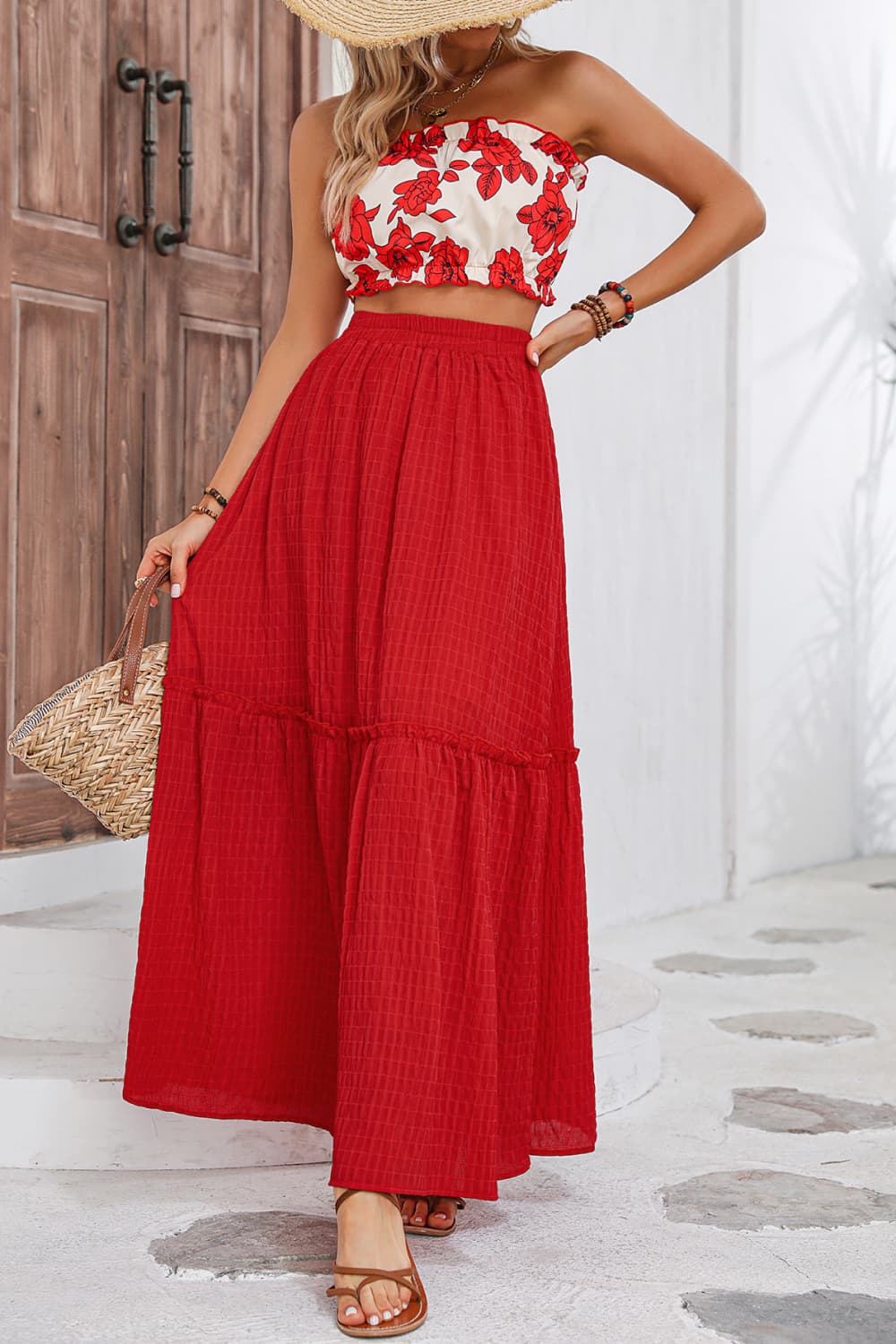 Floral Tube Top and Maxi Skirt Set-TOPS / DRESSES-[Adult]-[Female]-Deep Red-S-2022 Online Blue Zone Planet