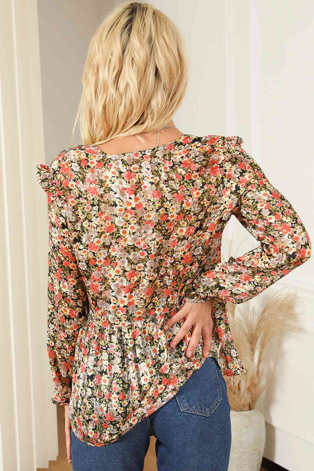 Floral V-Neck Babydoll Blouse BLUE ZONE PLANET