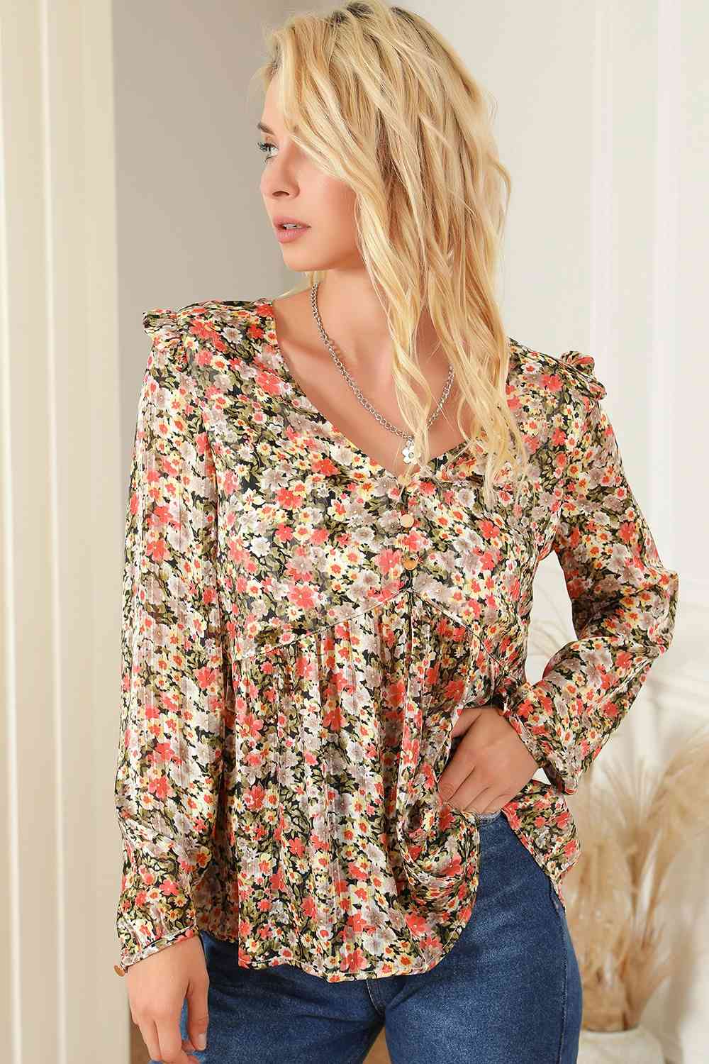 Floral V-Neck Babydoll Blouse BLUE ZONE PLANET