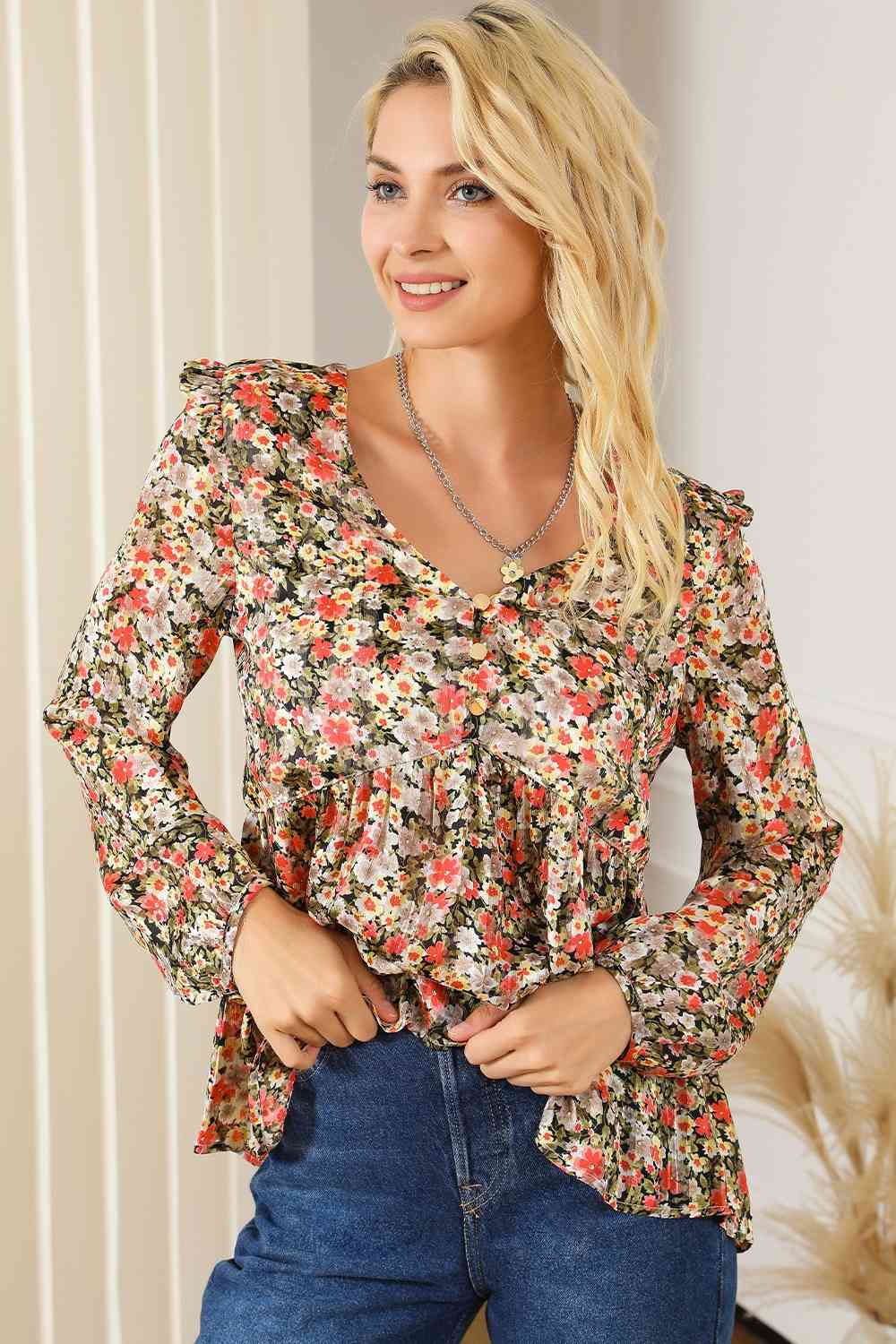 Floral V-Neck Babydoll Blouse BLUE ZONE PLANET