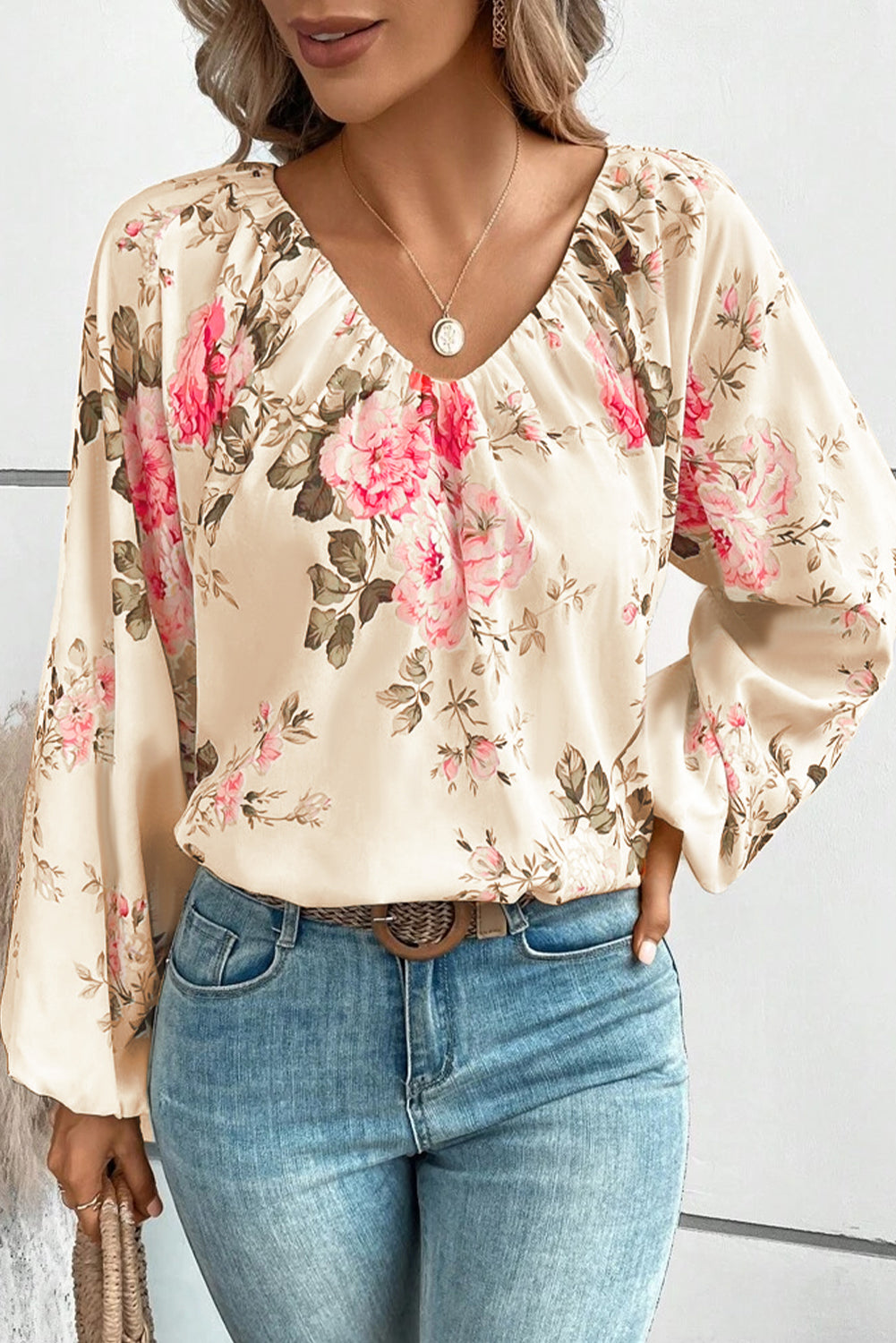 Floral V-Neck Balloon Sleeve Blouse BLUE ZONE PLANET