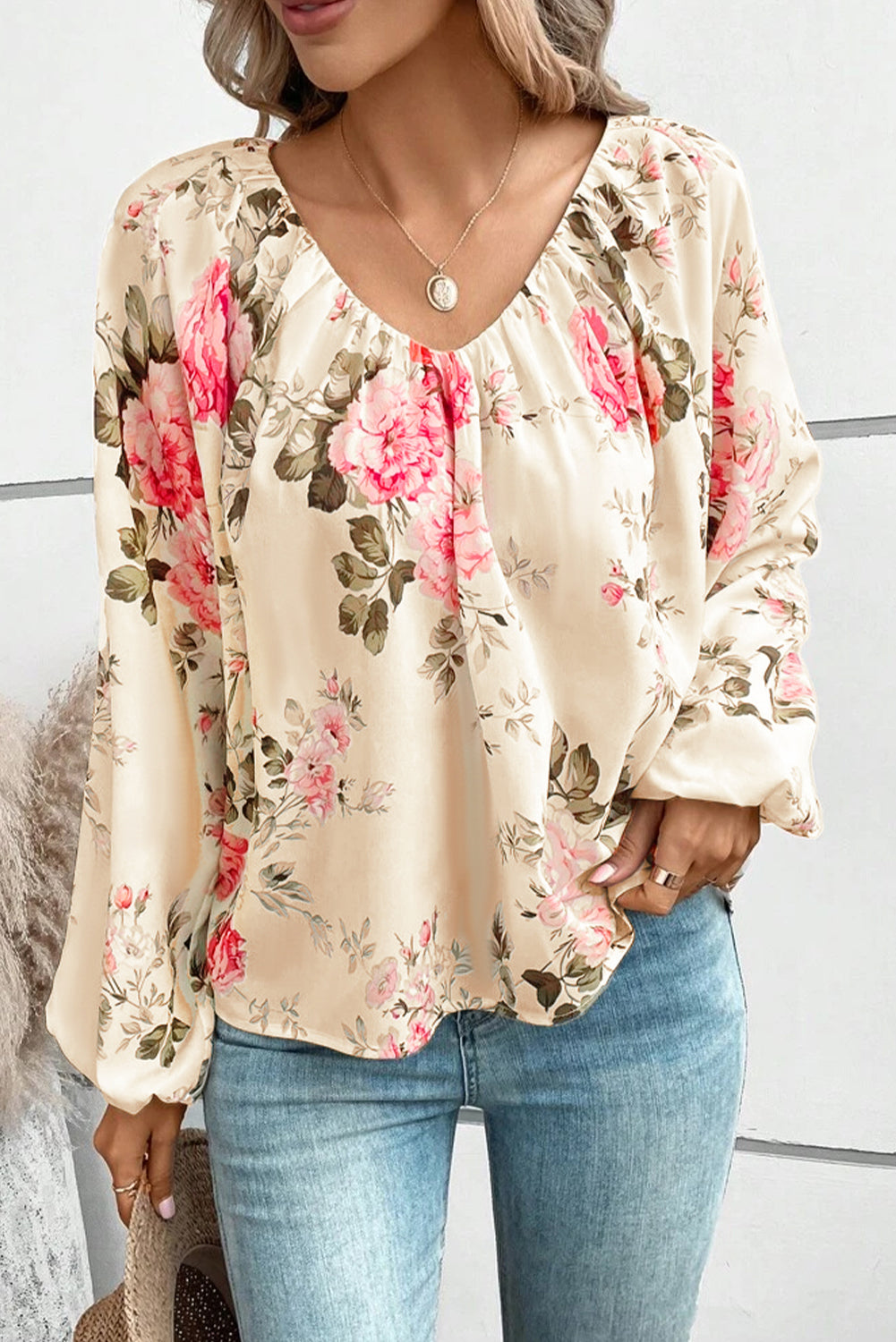 Floral V-Neck Balloon Sleeve Blouse BLUE ZONE PLANET