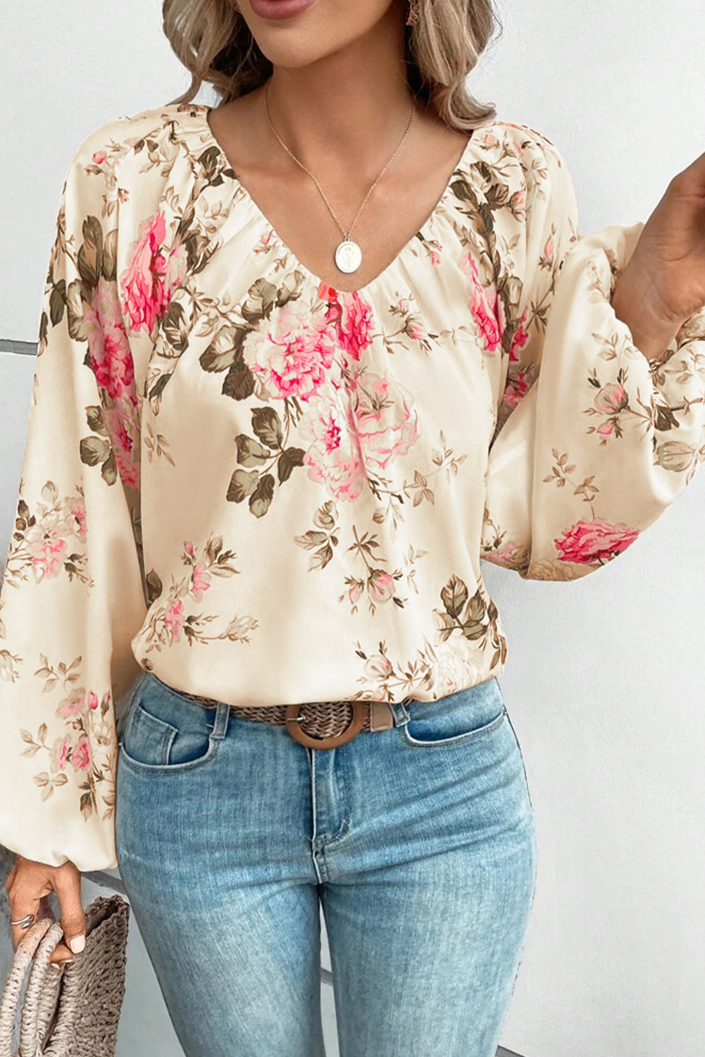 Floral V-Neck Balloon Sleeve Blouse BLUE ZONE PLANET