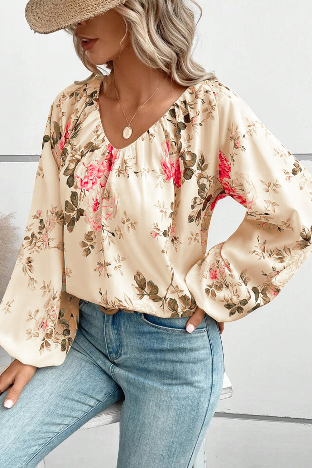 Floral V-Neck Balloon Sleeve Blouse BLUE ZONE PLANET