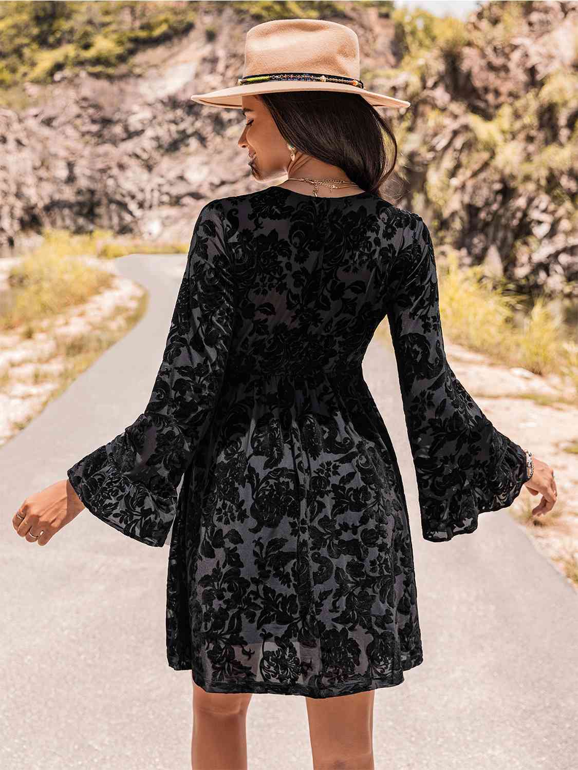 Floral V-Neck Flare Sleeve Mini Dress-TOPS / DRESSES-[Adult]-[Female]-2022 Online Blue Zone Planet