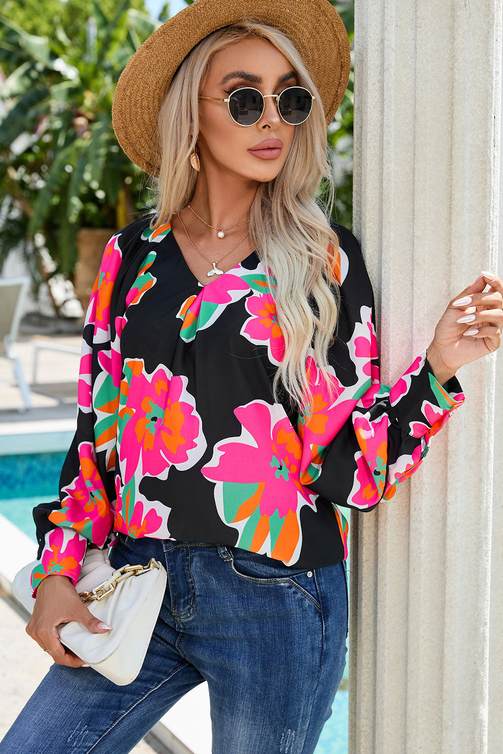 Floral V-Neck Long Sleeve Blouse BLUE ZONE PLANET