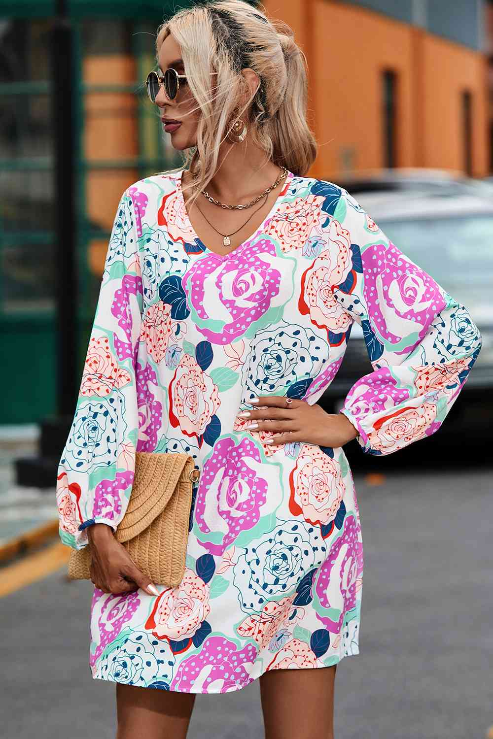 Floral V-Neck Long Sleeve Dress BLUE ZONE PLANET