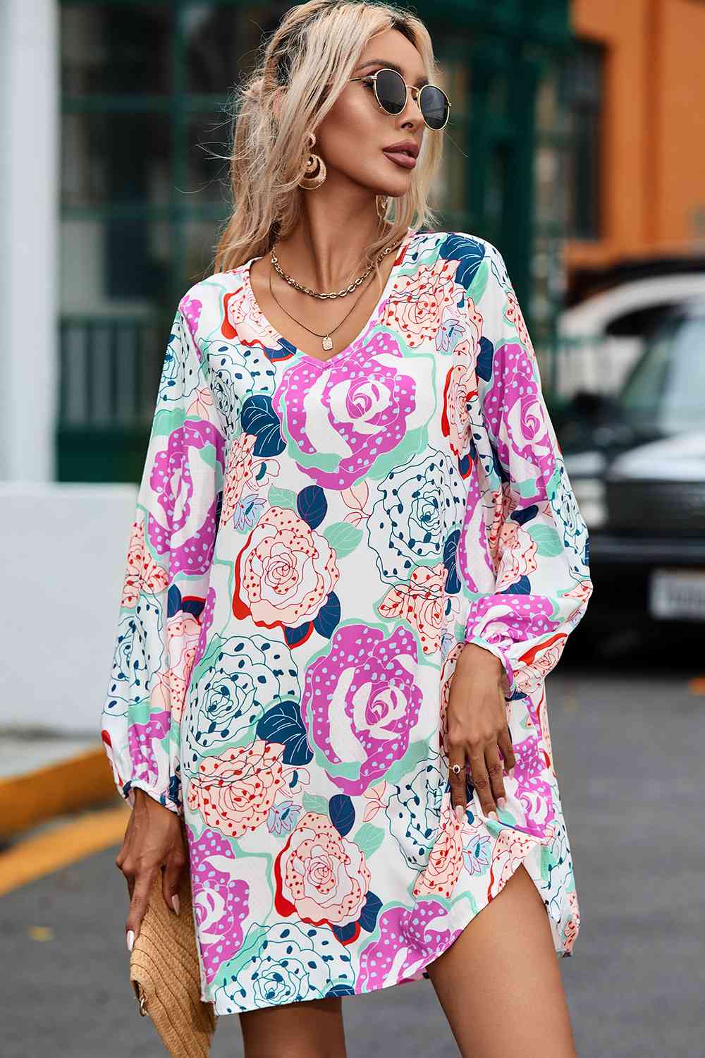 Floral V-Neck Long Sleeve Dress BLUE ZONE PLANET