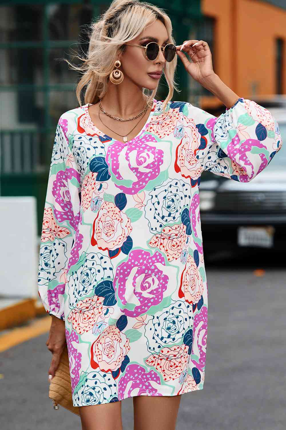 Floral V-Neck Long Sleeve Dress BLUE ZONE PLANET