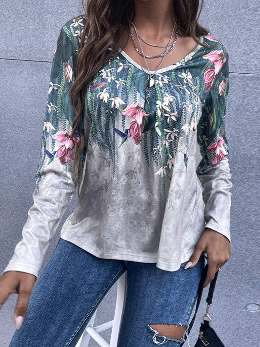 Floral V-Neck Long Sleeve Tee BLUE ZONE PLANET