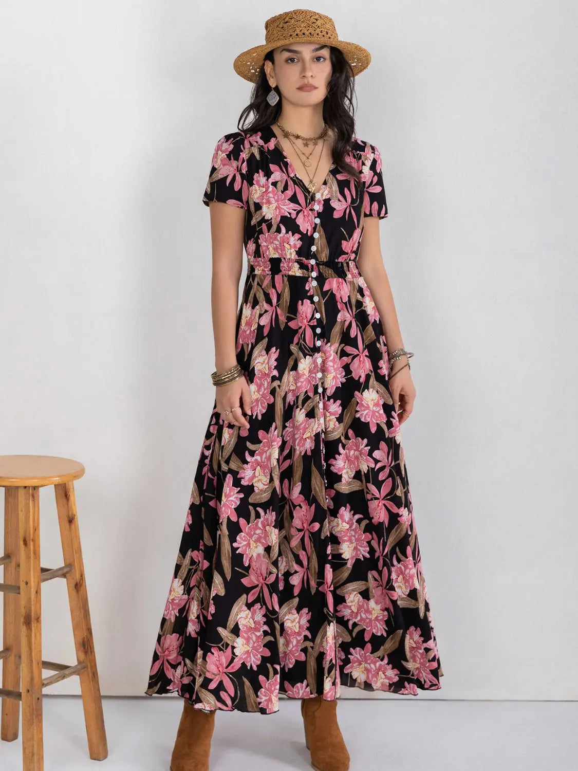 Floral V-Neck Slit Dress BLUE ZONE PLANET