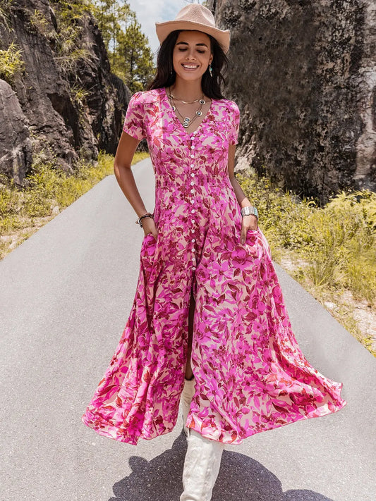Floral V-Neck Slit Dress BLUE ZONE PLANET