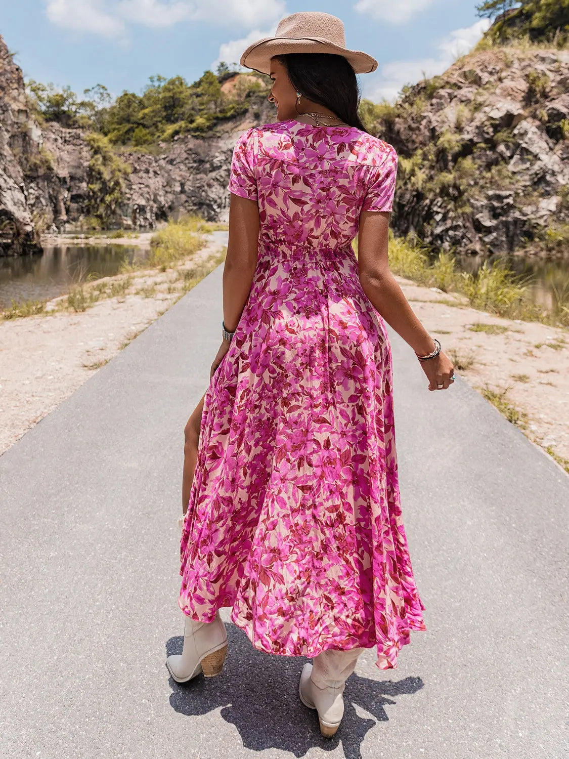 Floral V-Neck Slit Dress BLUE ZONE PLANET