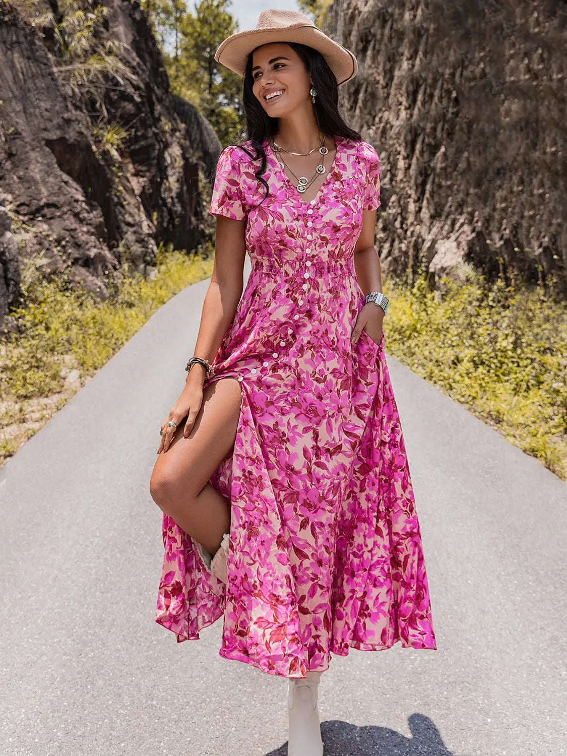 Floral V-Neck Slit Dress BLUE ZONE PLANET