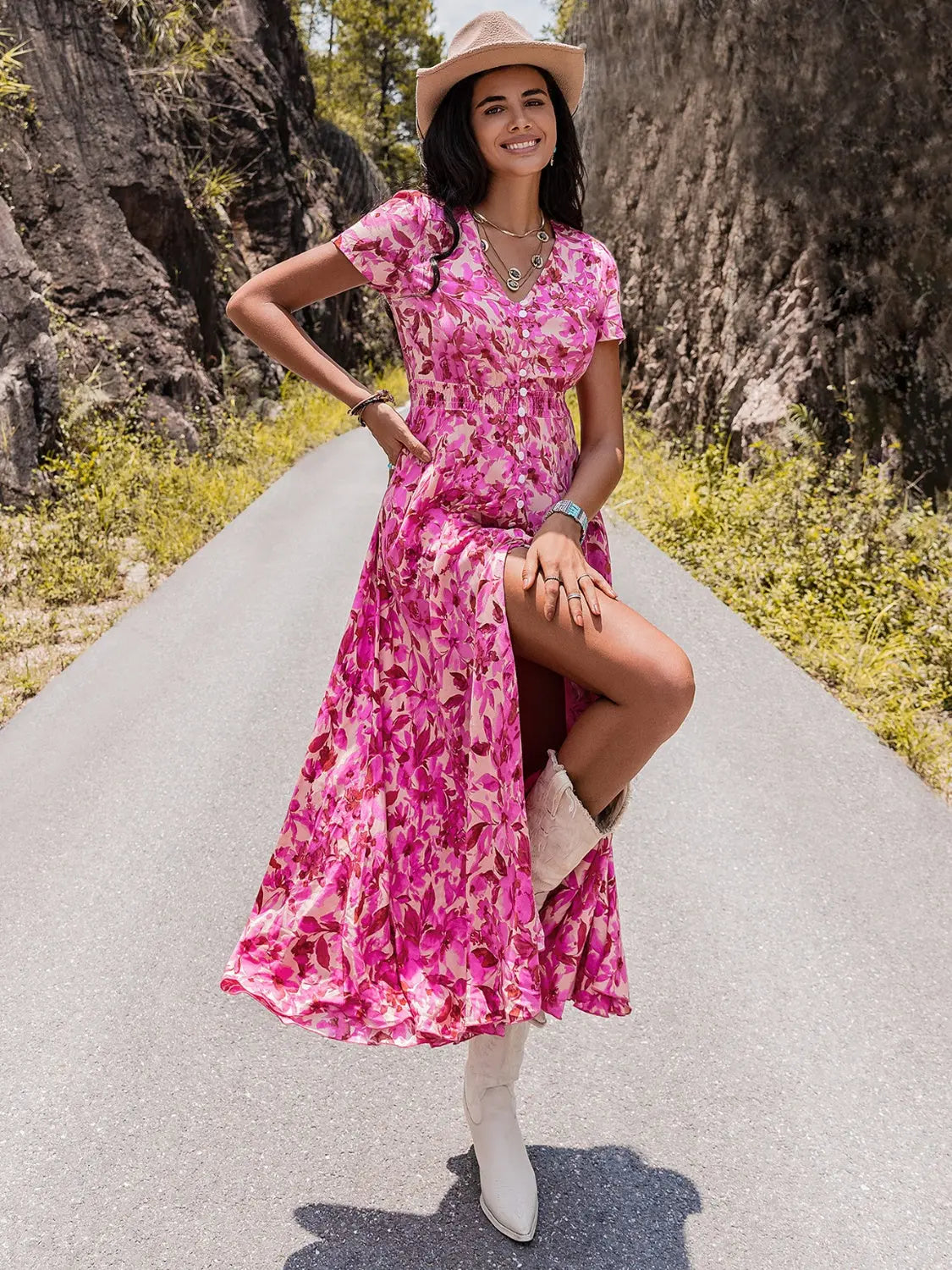Floral V-Neck Slit Dress BLUE ZONE PLANET