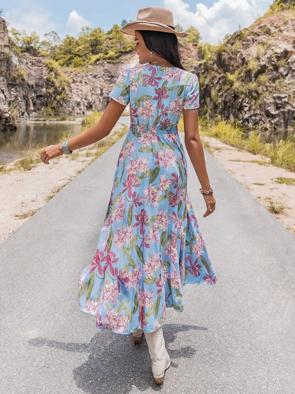 Floral V-Neck Slit Dress BLUE ZONE PLANET
