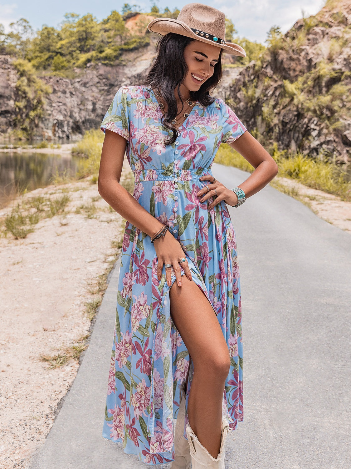 Floral V-Neck Slit Dress-TOPS / DRESSES-[Adult]-[Female]-2022 Online Blue Zone Planet