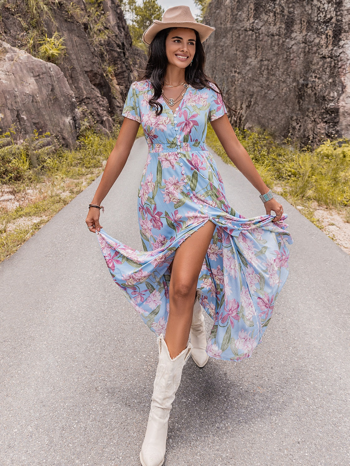 Floral V-Neck Slit Dress-TOPS / DRESSES-[Adult]-[Female]-2022 Online Blue Zone Planet