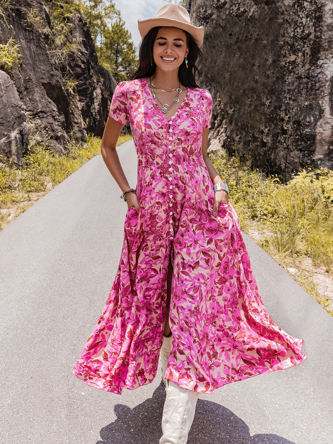 Floral V-Neck Slit Dress-TOPS / DRESSES-[Adult]-[Female]-Hot Pink-S-2022 Online Blue Zone Planet