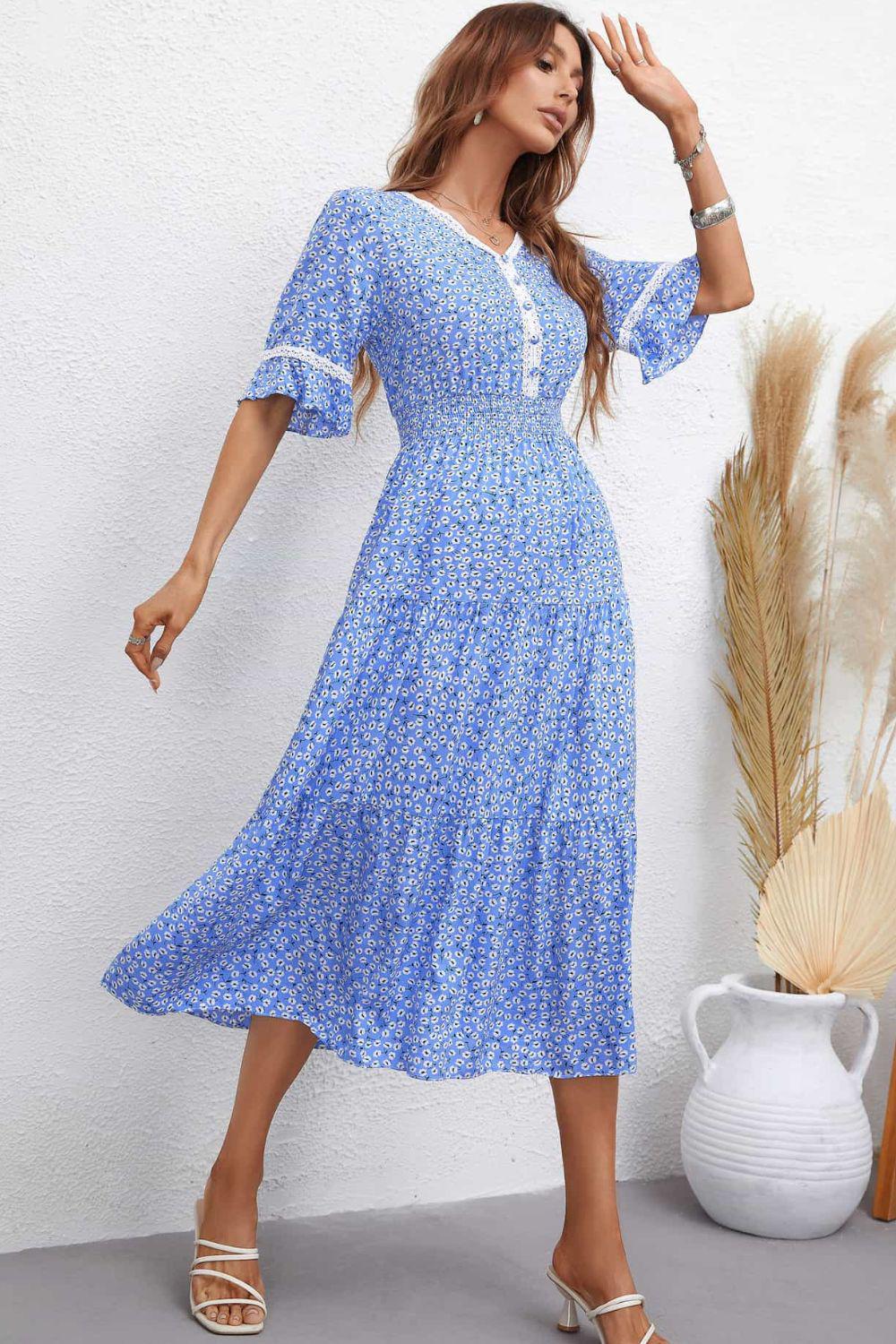 Floral V-Neck Smocked Waist Midi Dress BLUE ZONE PLANET