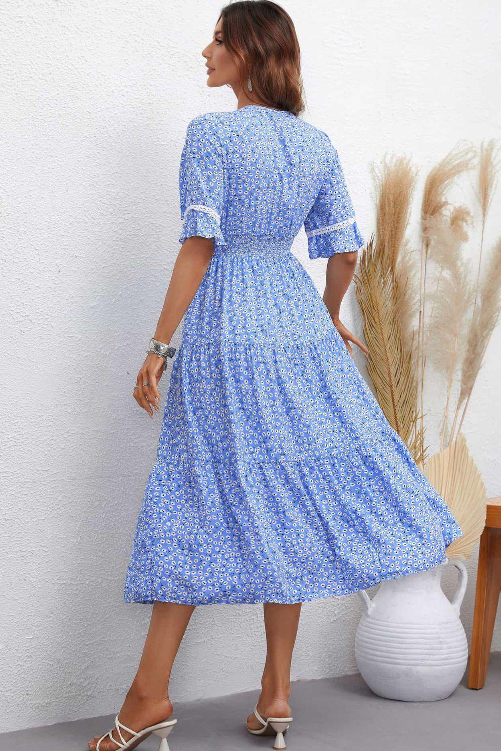 Floral V-Neck Smocked Waist Midi Dress BLUE ZONE PLANET