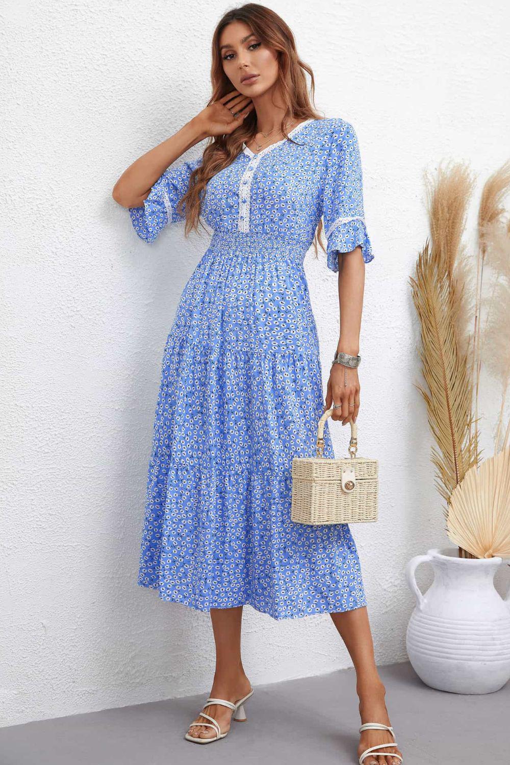 Floral V-Neck Smocked Waist Midi Dress BLUE ZONE PLANET