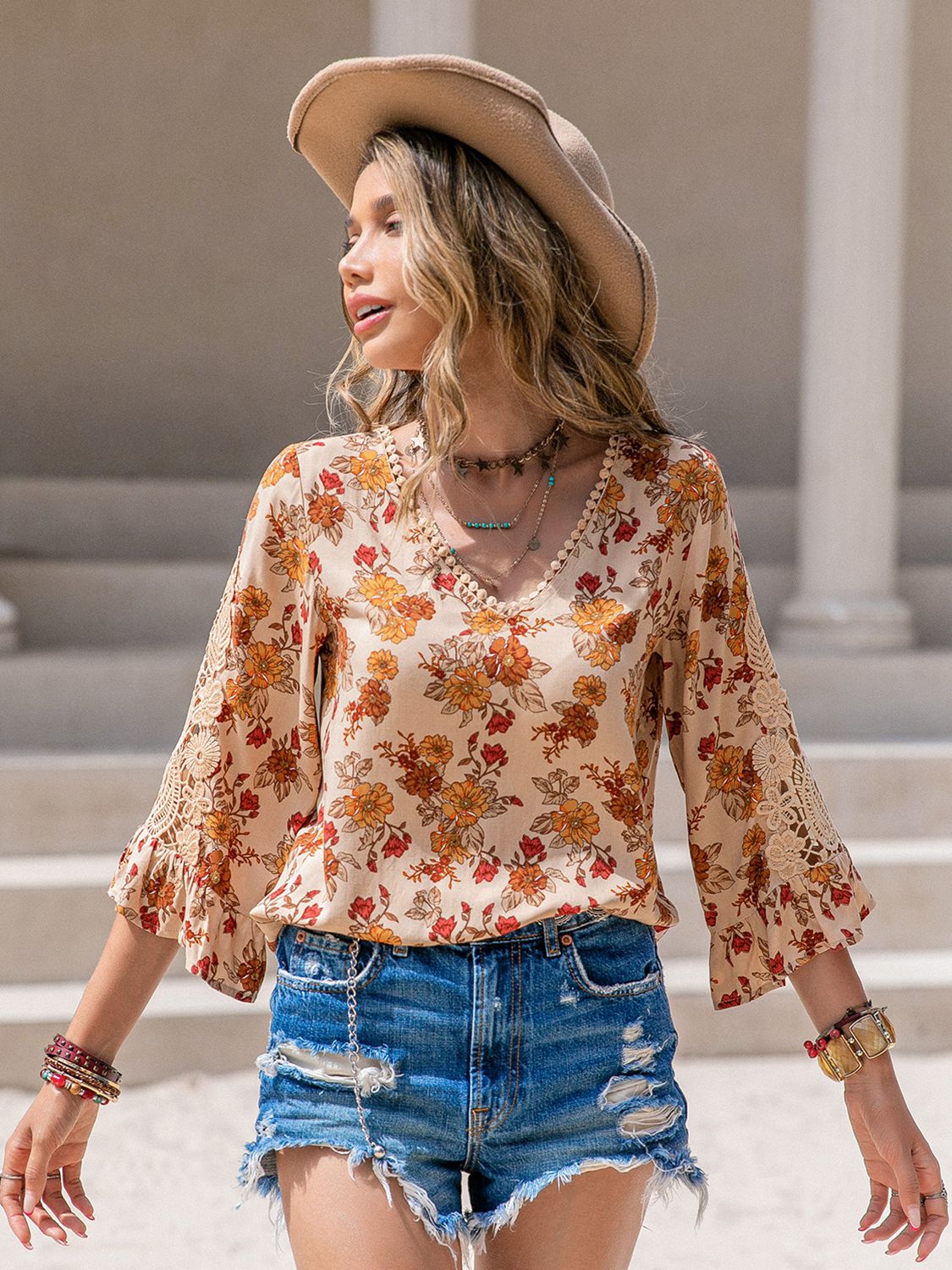 Floral V-Neck Spliced Lace Blouse BLUE ZONE PLANET