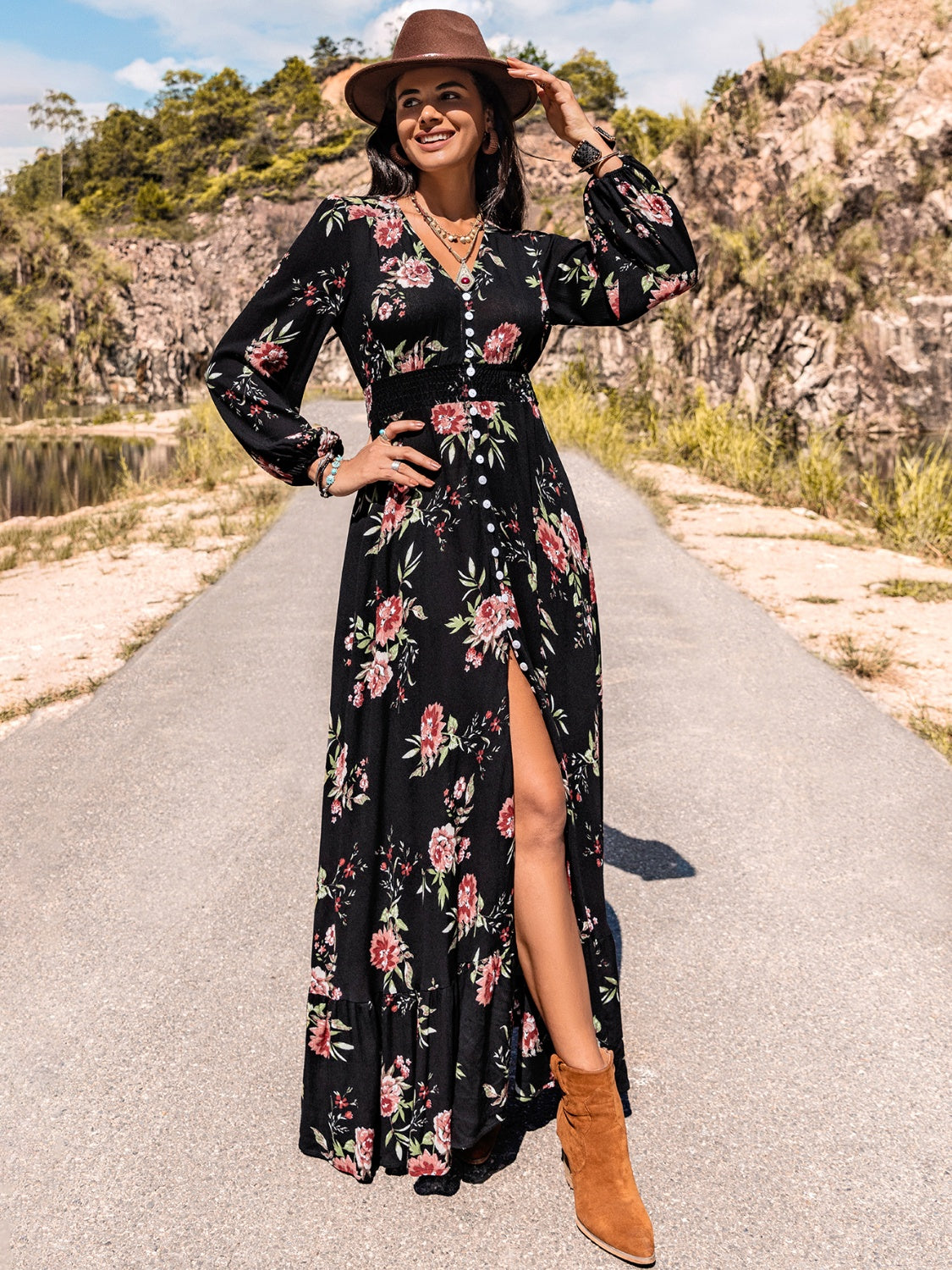 Floral V-Neck Split Maxi Dress BLUE ZONE PLANET