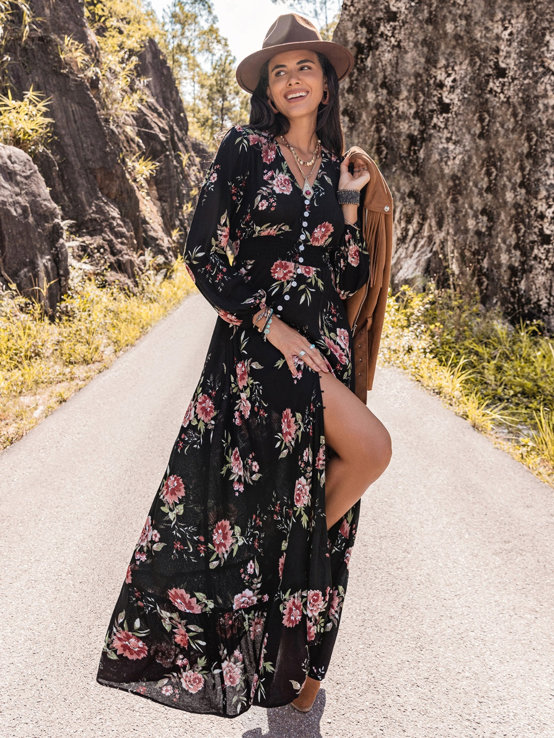 Floral V-Neck Split Maxi Dress BLUE ZONE PLANET