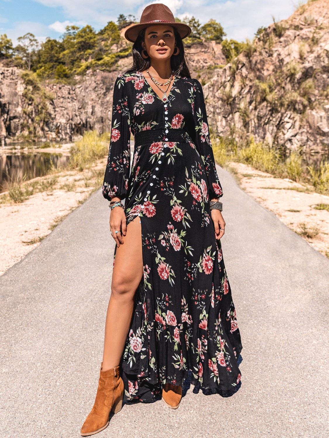 Floral V-Neck Split Maxi Dress BLUE ZONE PLANET