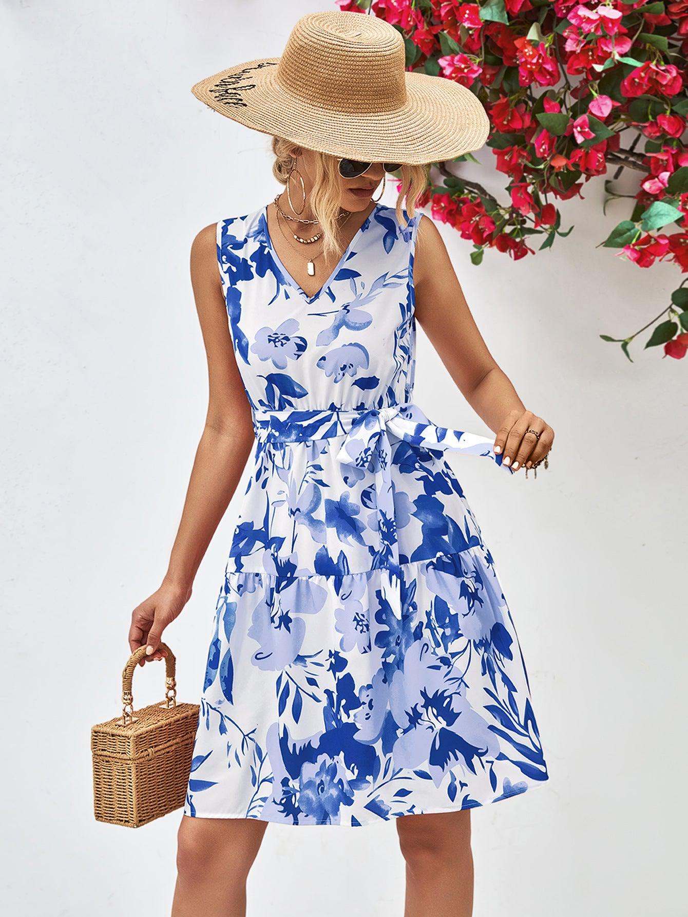 Floral V-Neck Tie Waist Sleeveless Dress BLUE ZONE PLANET