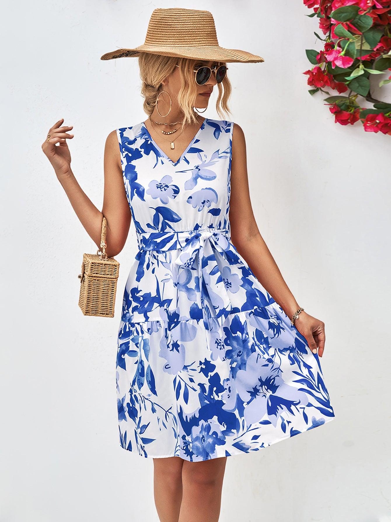 Floral V-Neck Tie Waist Sleeveless Dress BLUE ZONE PLANET