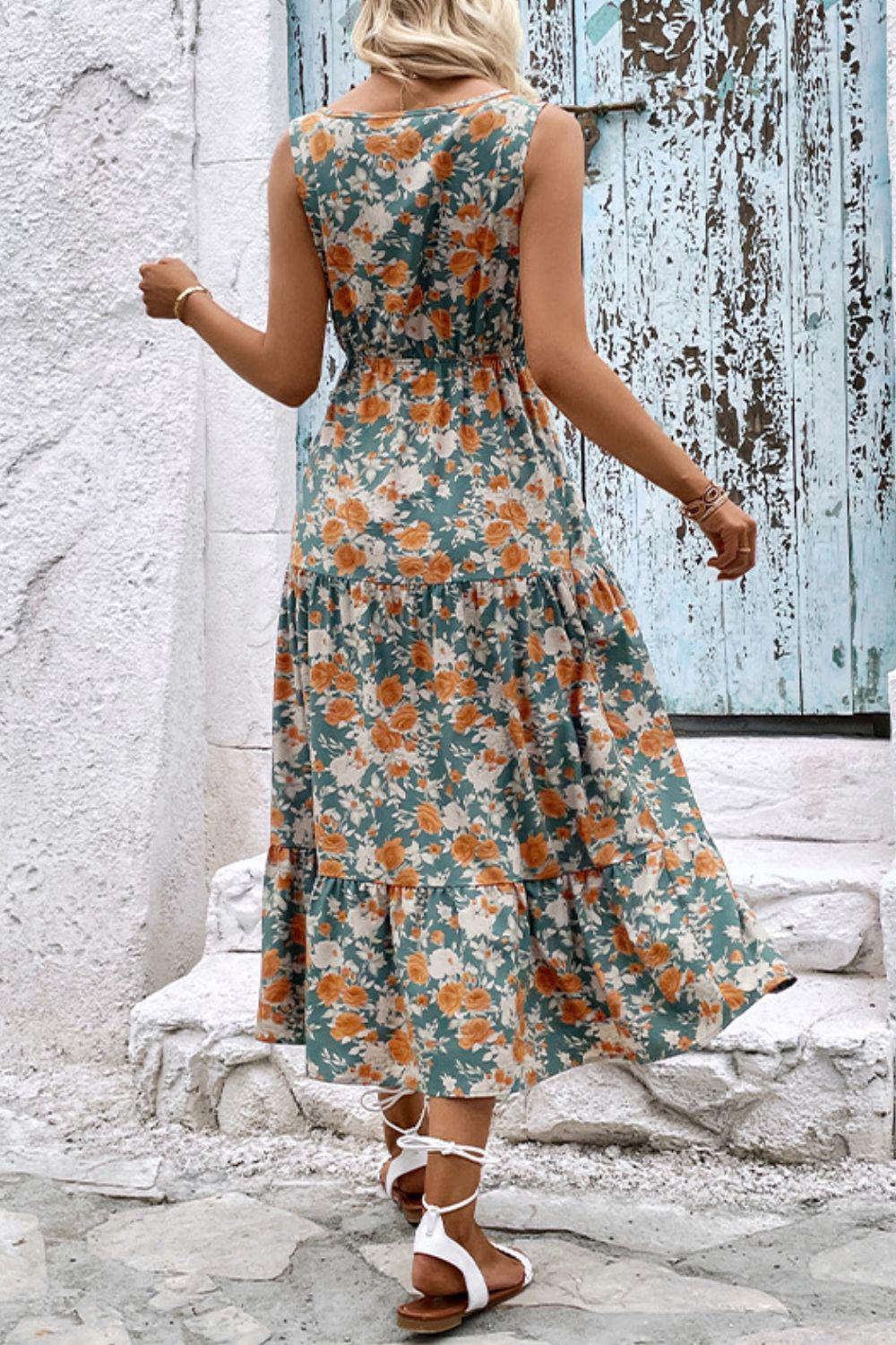 Floral V-Neck Tiered Sleeveless Dress BLUE ZONE PLANET