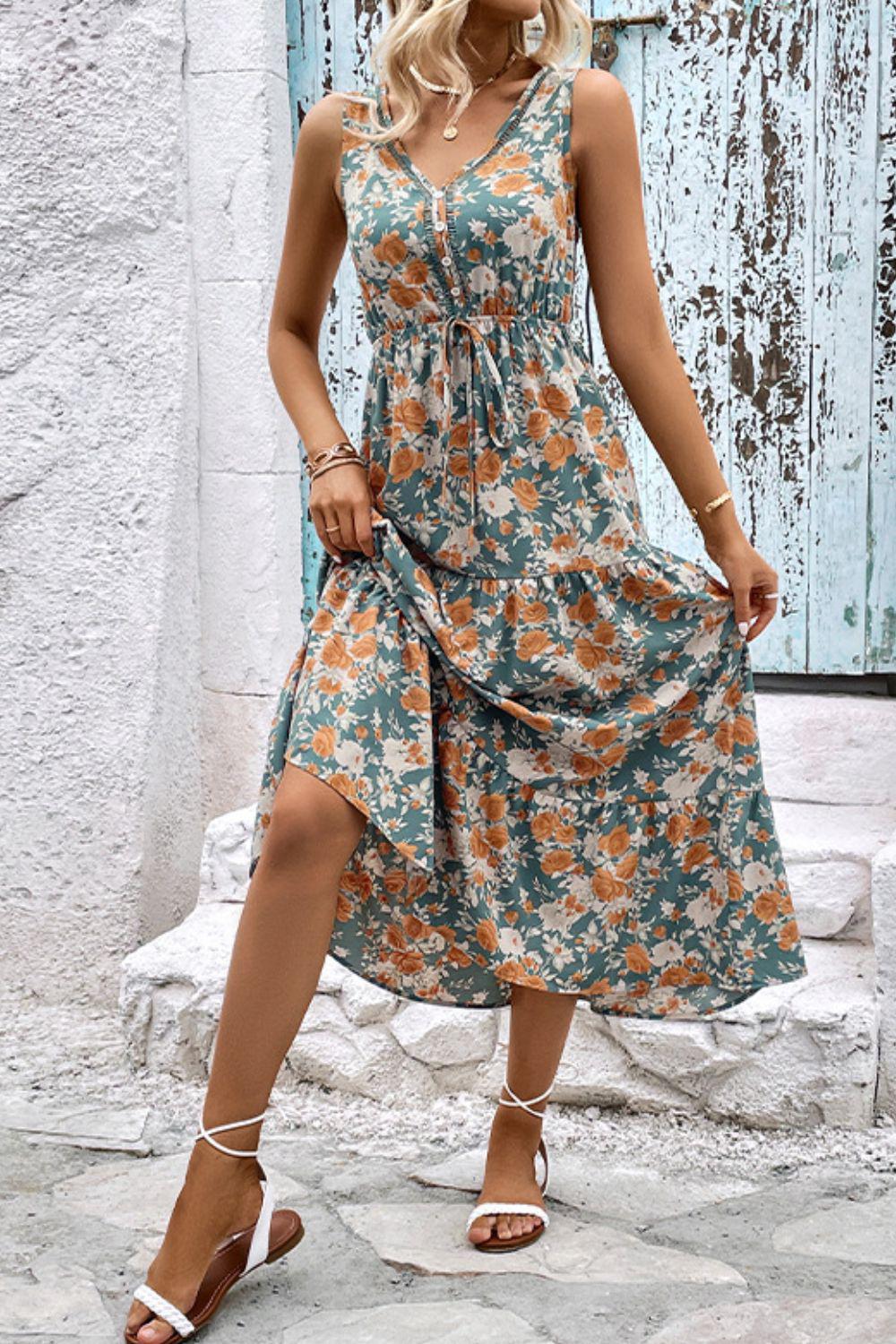 Floral V-Neck Tiered Sleeveless Dress BLUE ZONE PLANET