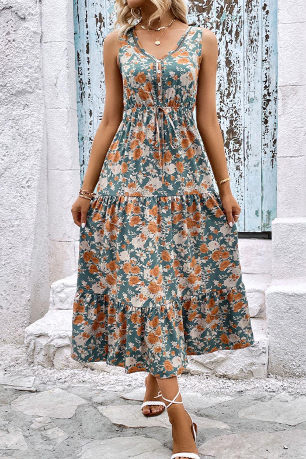 Floral V-Neck Tiered Sleeveless Dress BLUE ZONE PLANET