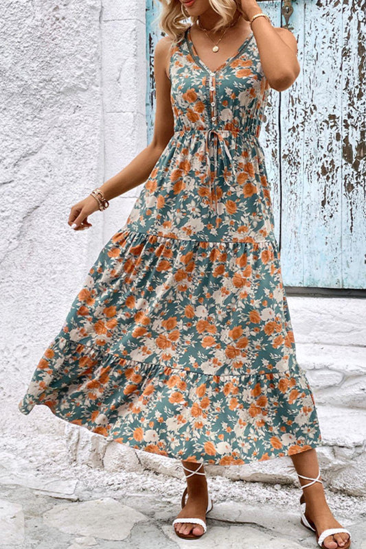 Floral V-Neck Tiered Sleeveless Dress BLUE ZONE PLANET